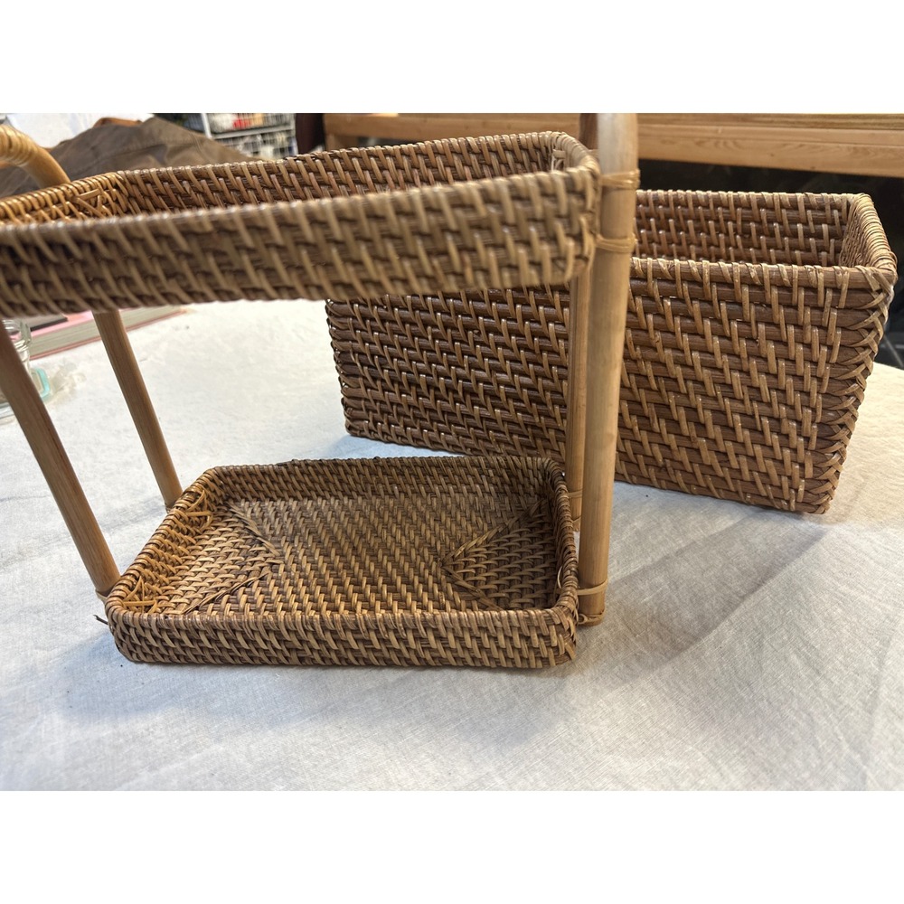 Woven Rattan 2 Tier Standing Tray and Rectangular Storage Basket Set Brown Boho